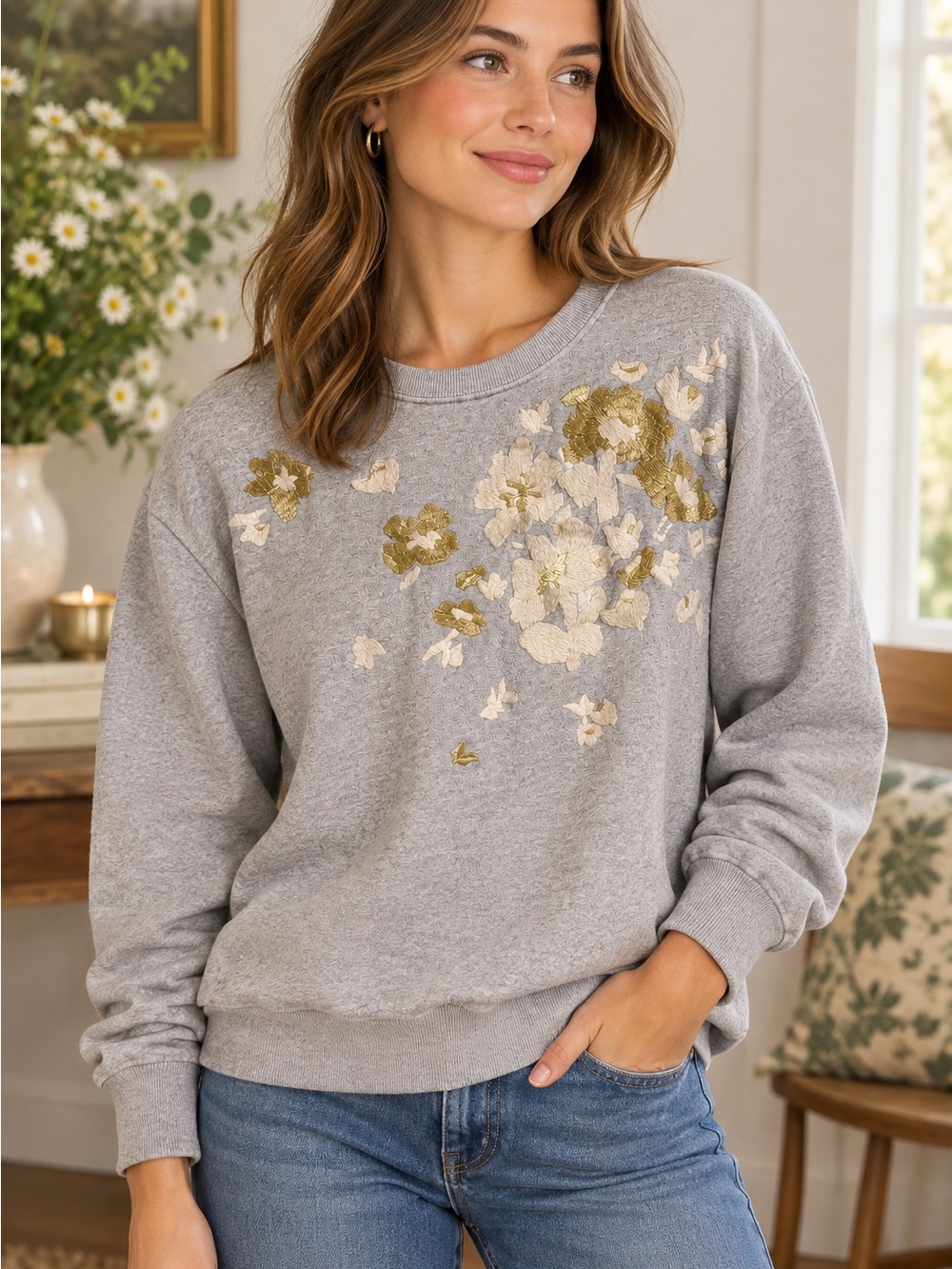J. Crew Gray Embroidered Floral Crewneck Sweatshirt